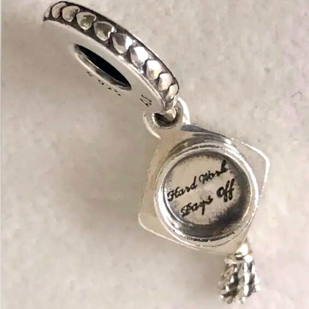 GRADUATION HAT Authentic PANDORA Silver HARD WORK PAYS OFF Dangle Charm - Picture 4 of 5